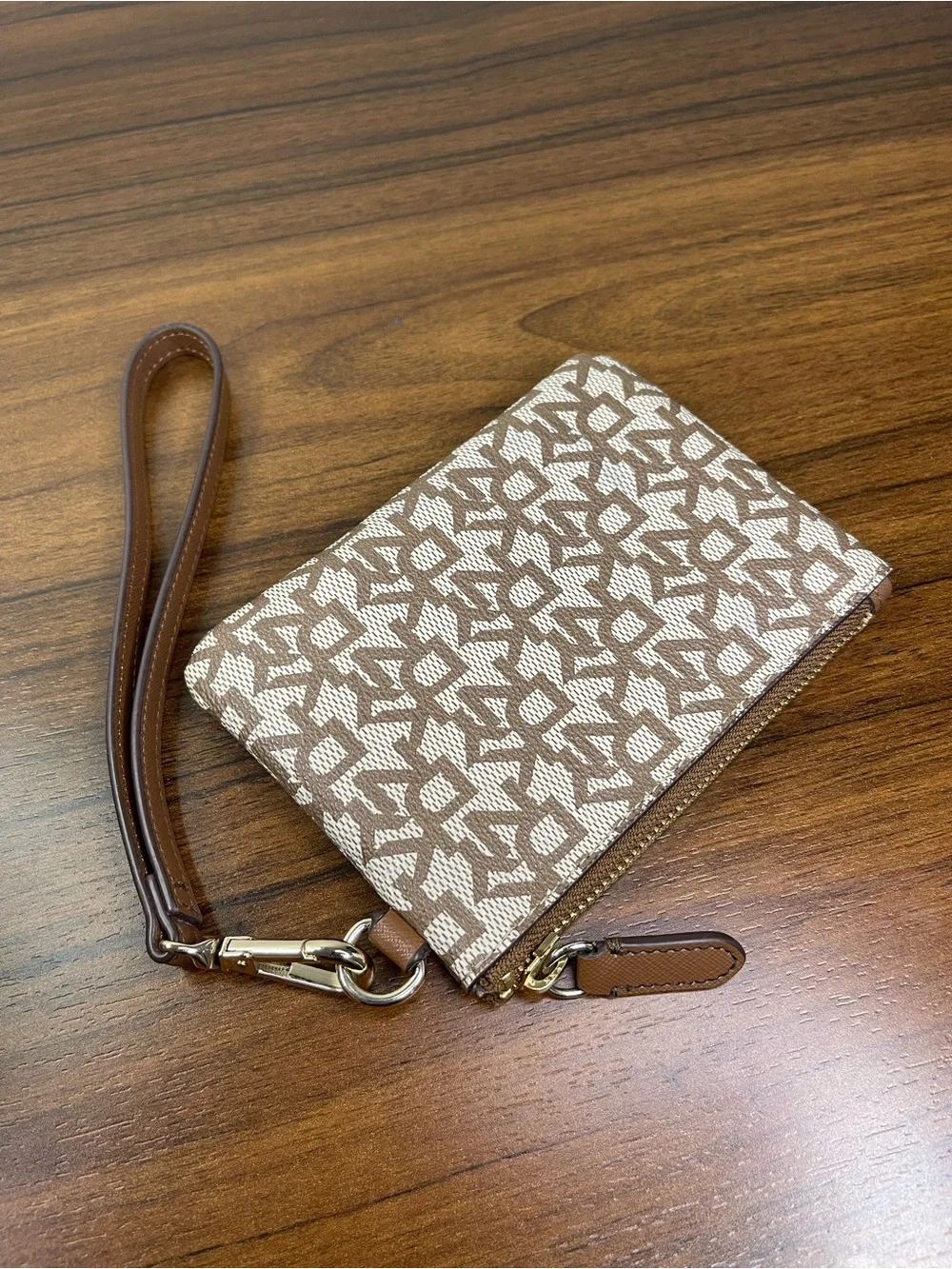 DKNY Logo Zip Wristlet Wallet w/ Wrist Strap, Brown/Beige